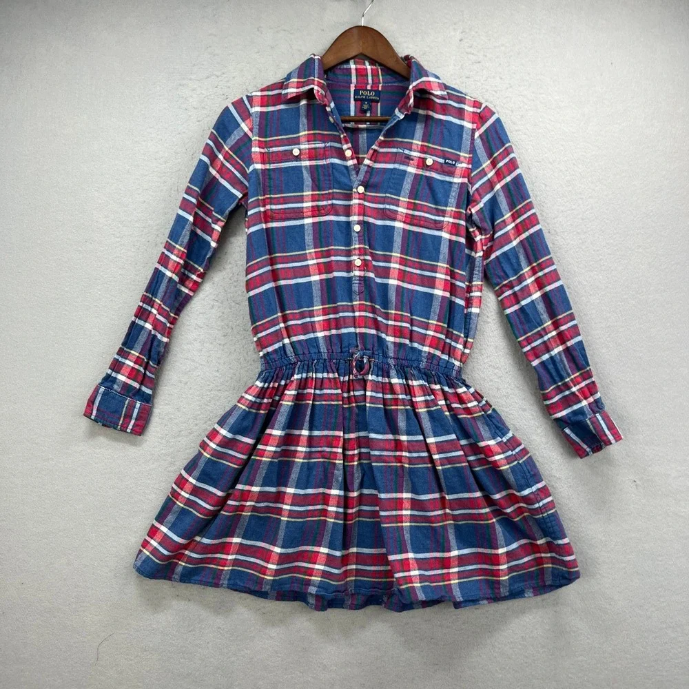 Polo Ralph Lauren Shirt Dress Girls 16 Blue Plaid Flannel Long Sleeve Preppy